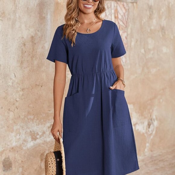 Women's Cotton Linen Midi Dress Casual Short Sleeve Flowly Beach Tunic - Picture 3 of 7